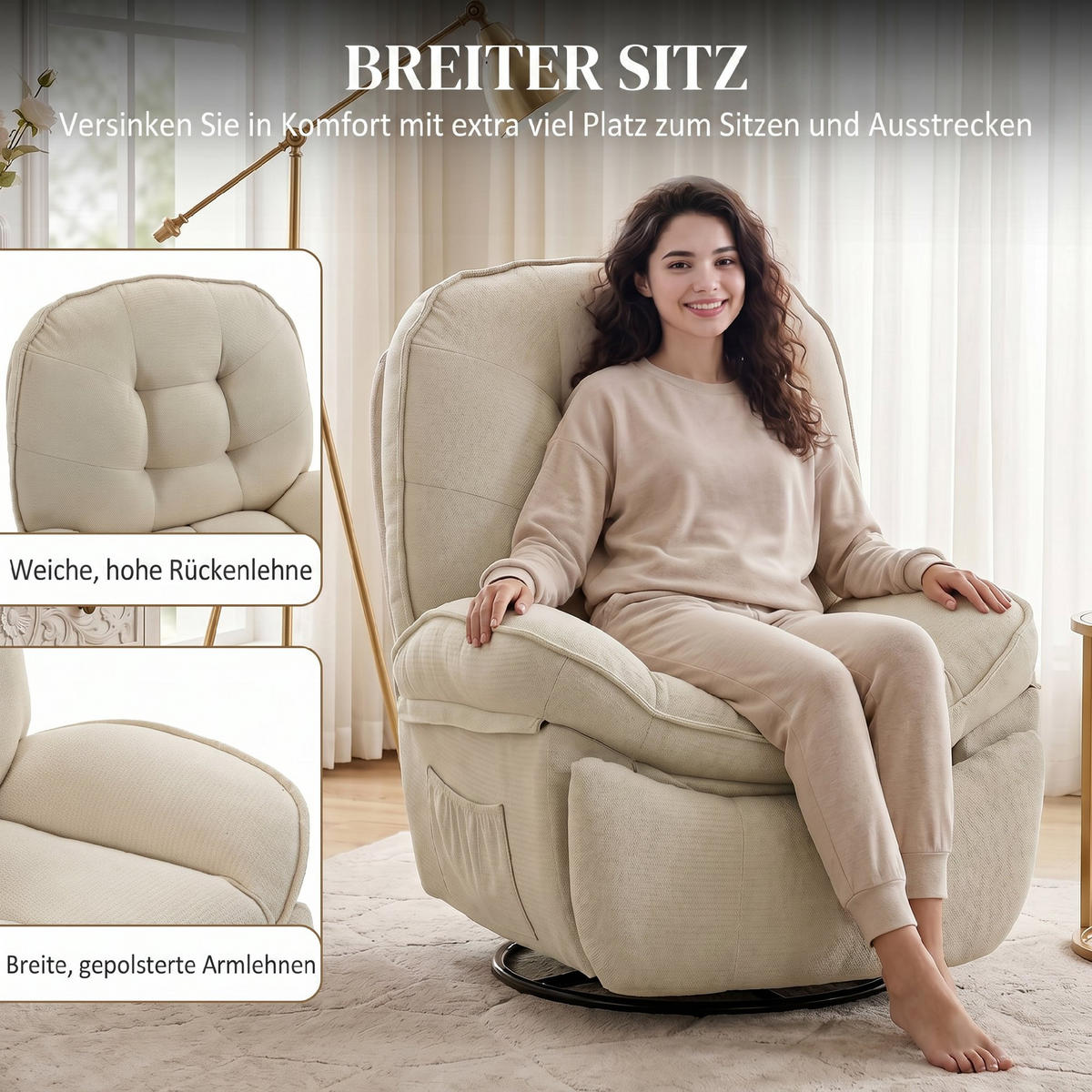 RELAXSESSEL,CHENILLE manuell 360° Dreh-Wippsessel,cremeweiß - Weiß, Textil (94/104/95cm) - Vallsero