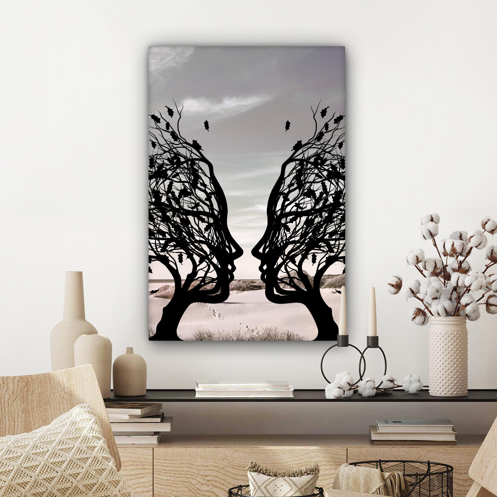 LEINWANDBILD Strand - Meer - Menschen - Baum - Moderne Kunst 60x90 cm - Hellgrau, Textil (60/90cm) - MuchoWow