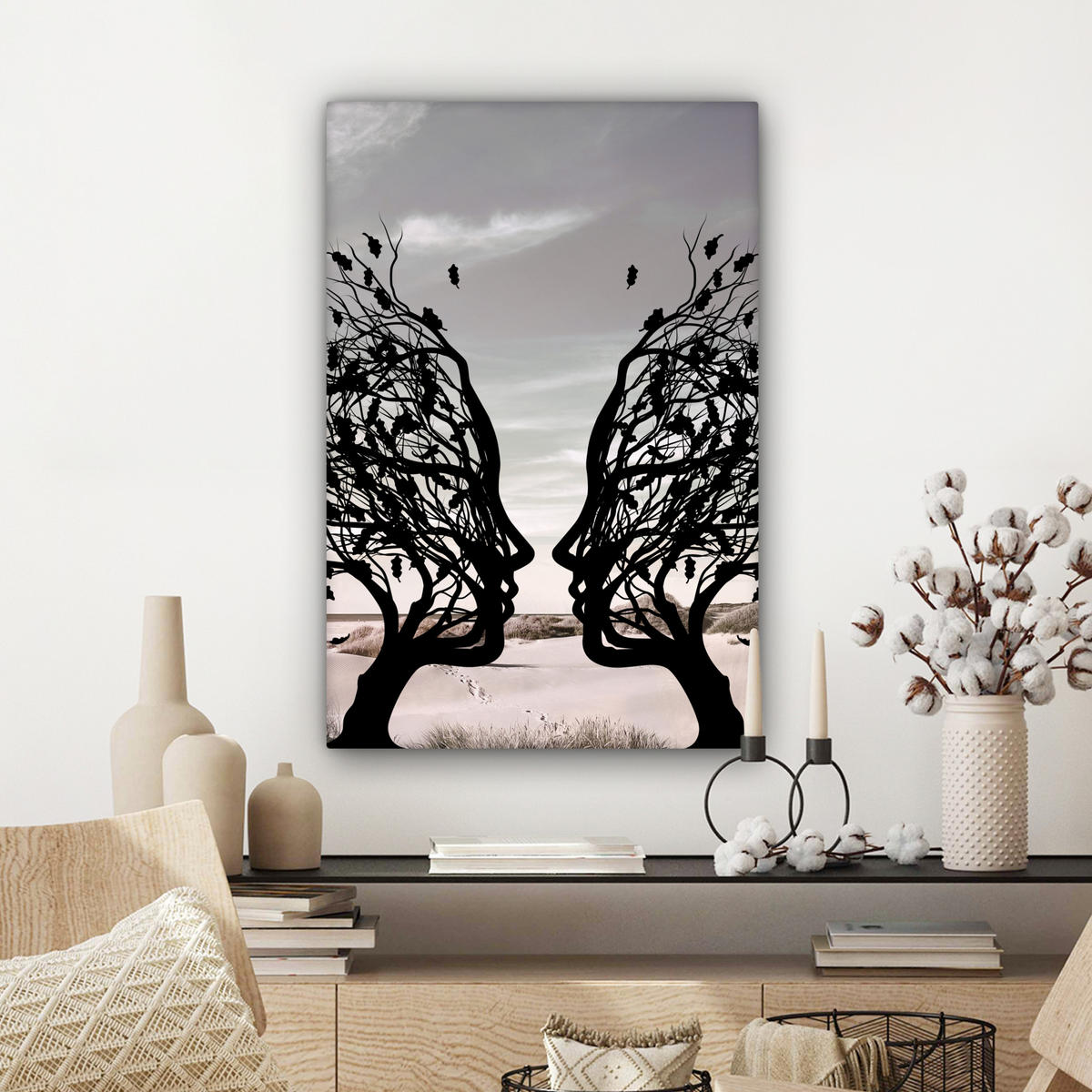 LEINWANDBILD Strand - Meer - Menschen - Baum - Moderne Kunst 60x90 cm - Hellgrau, Textil (60/90cm) - MuchoWow