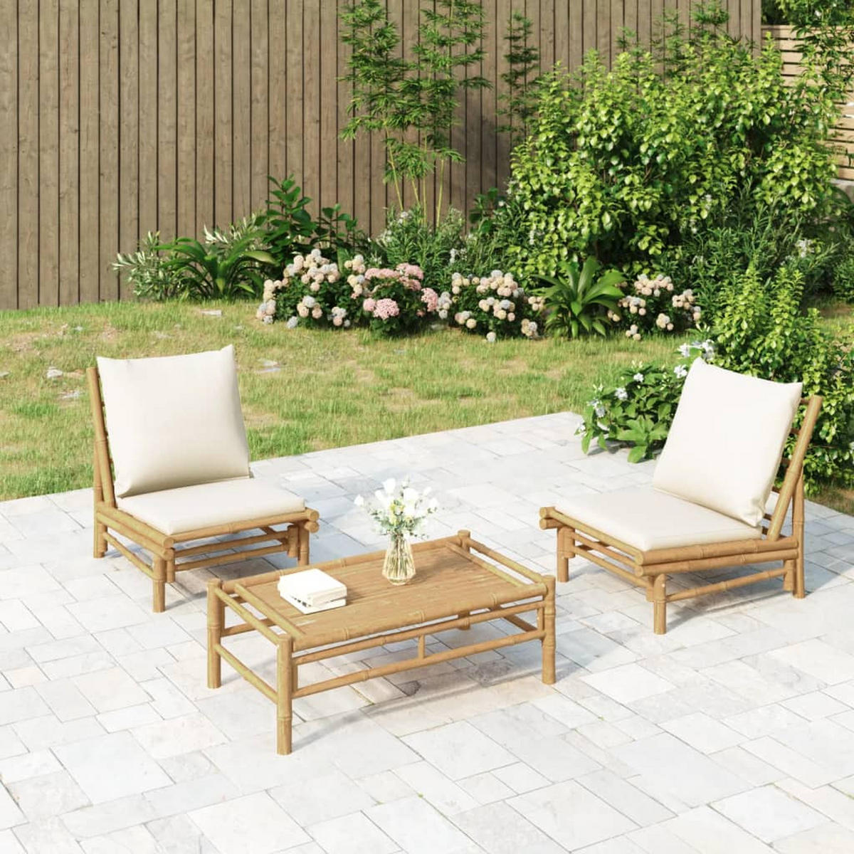 GARTENSTÜHLE 2 Stk. Mit Cremeweissen Kissen Bambus - Creme, Naturmaterialien (86/73.5/60cm) - vidaXL