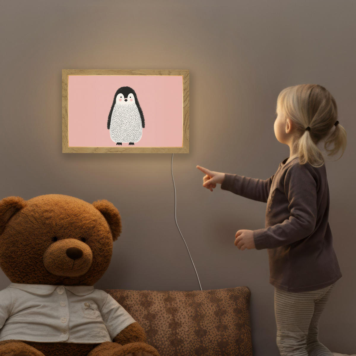NACHTTISCHLAMPE Pinguin - Punkte - Minimalistisch - Rosa 30x20 cm - Rosa, Holzwerkstoff (8/30/20cm)