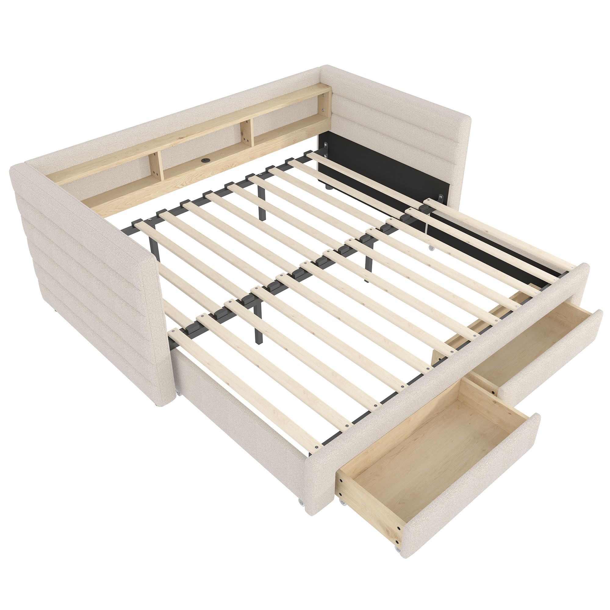 TAGESBETT 90/190 cm DE-04688, mit LED, 2 Schubladen und Ausziehbett in Beige - Beige, Holzwerkstoff/Metall (90/190cm) - ComfortXL