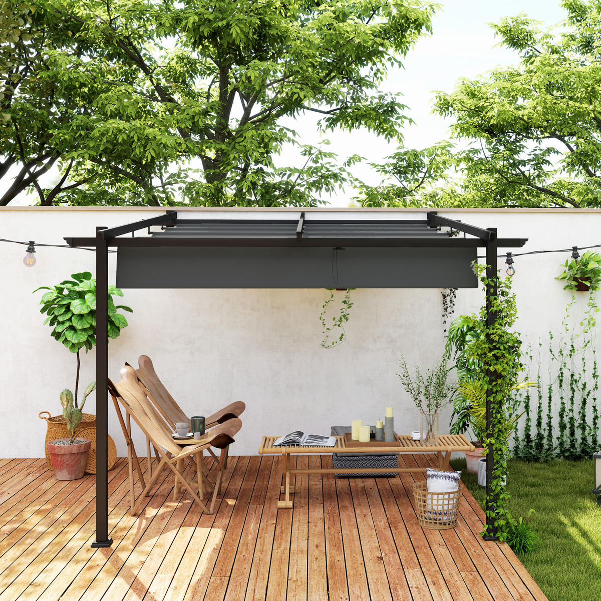 PAVILLON, 3 x 3 m Pergola, Winddichtes Terrassendach, Wandmontage, Verstellbares Dach, für Garten, Terrasse, Dunkelgrau - Dunkelgrau, Metall (297/230/297cm)