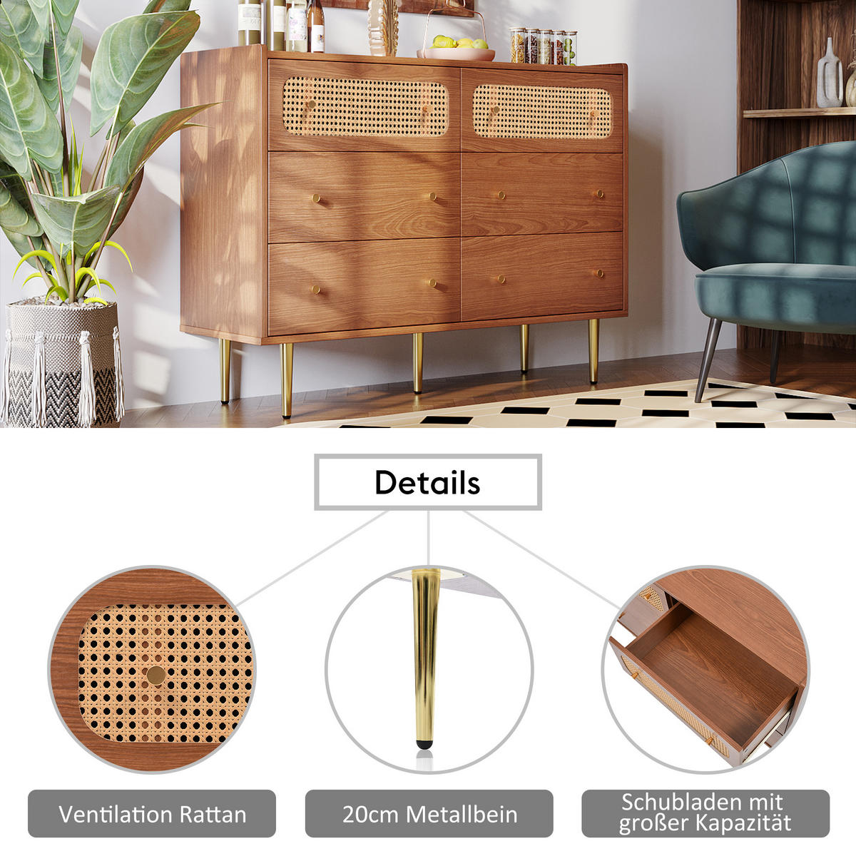 SIDEBOARD mit 6 Schubladen und Rattan-Elementen - Braun, Holzwerkstoff/Metall (120/90/40cm) - Urban Meuble