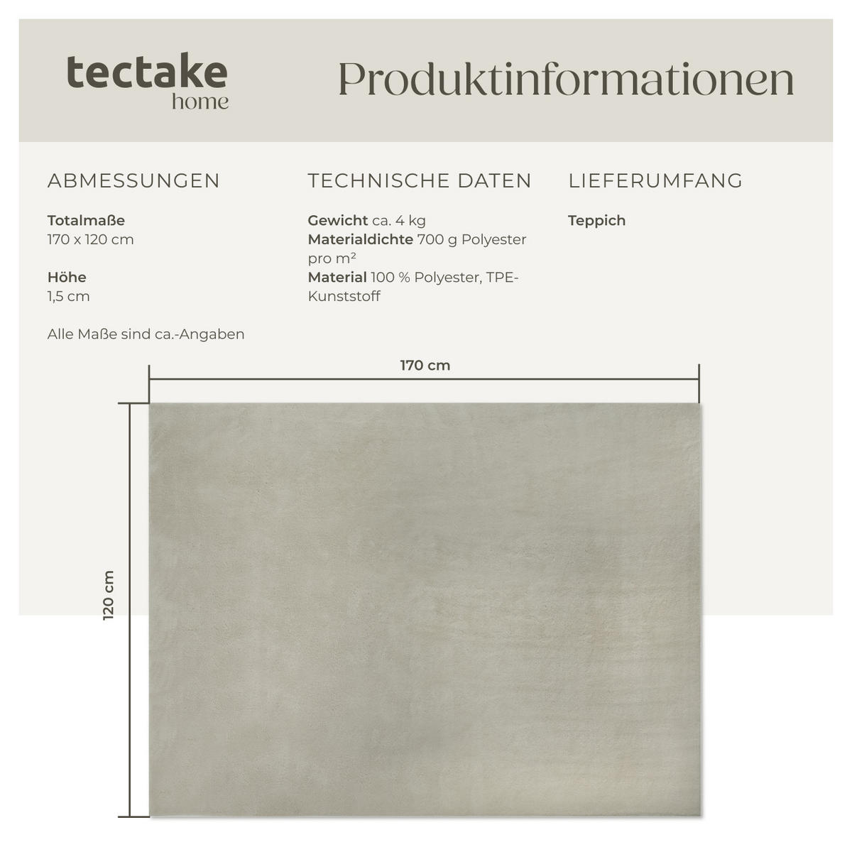 KURZFLORTEPPICH Soft Zone,rutschfeste Unterseite,Sand - Sandfarben, Kunststoff (170/120cm) - tectake