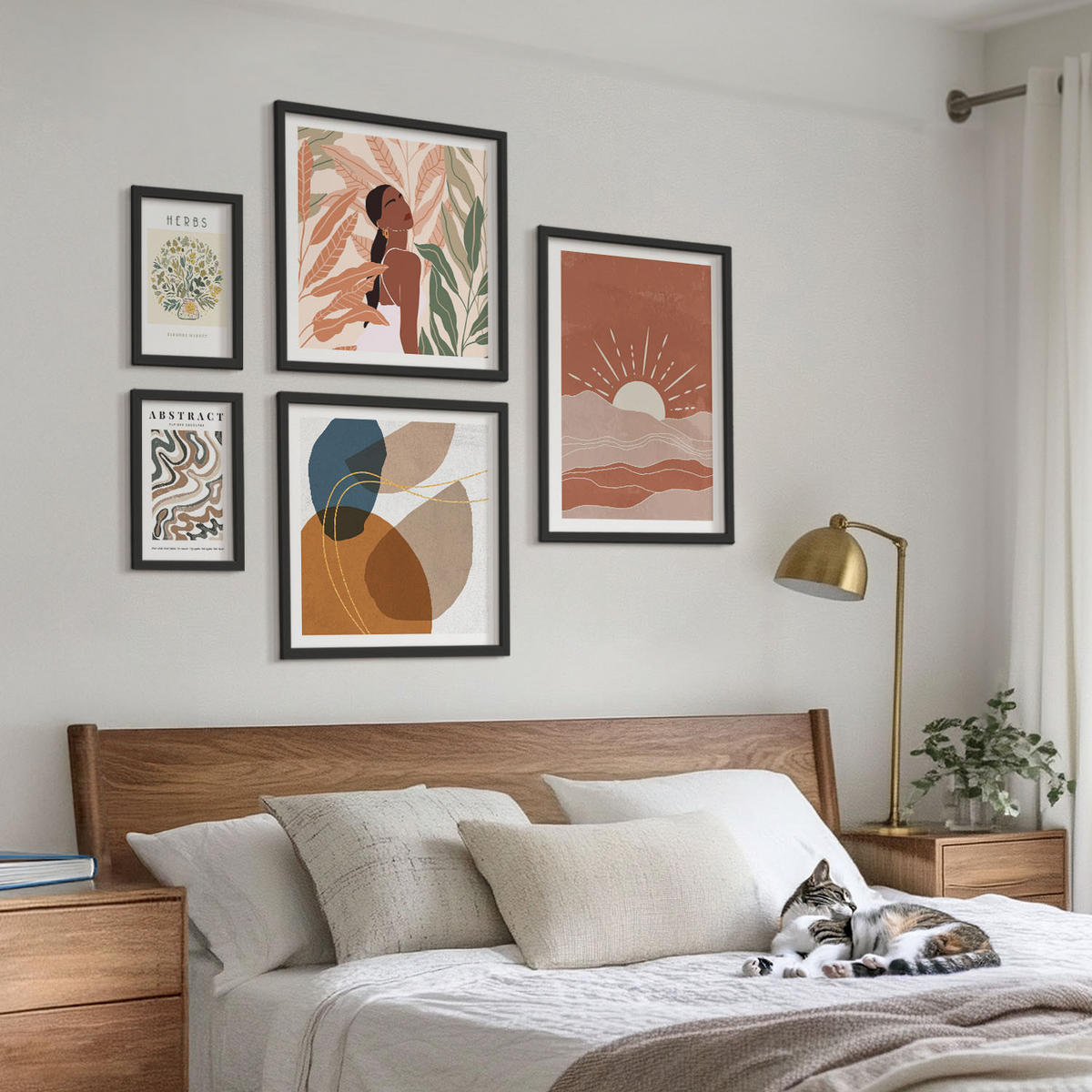 BILDER SET 5er Set - 50x50 cm & 20x30 cm & 40x60 cm Schwarzer Rahmen - Boho-Ästhetik, Pastellposter - Schwarz, Kunststoff (40/60cm) - TULUP