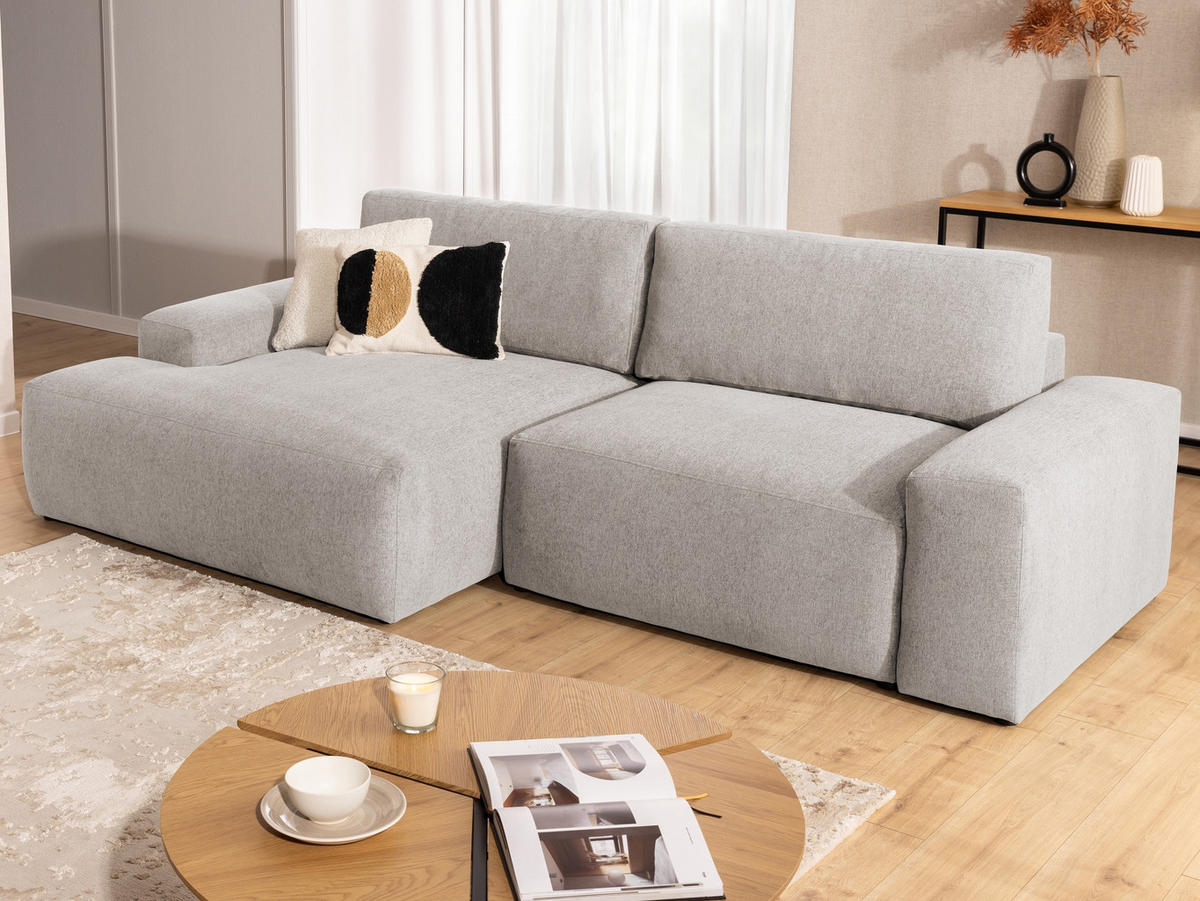 ECKSOFA Lennon aus Beige Strukturstoff mit Schlaffunktion und Bettkasten - Beige/Schwarz, Holz/Kunststoff (137/264cm) - S-Style