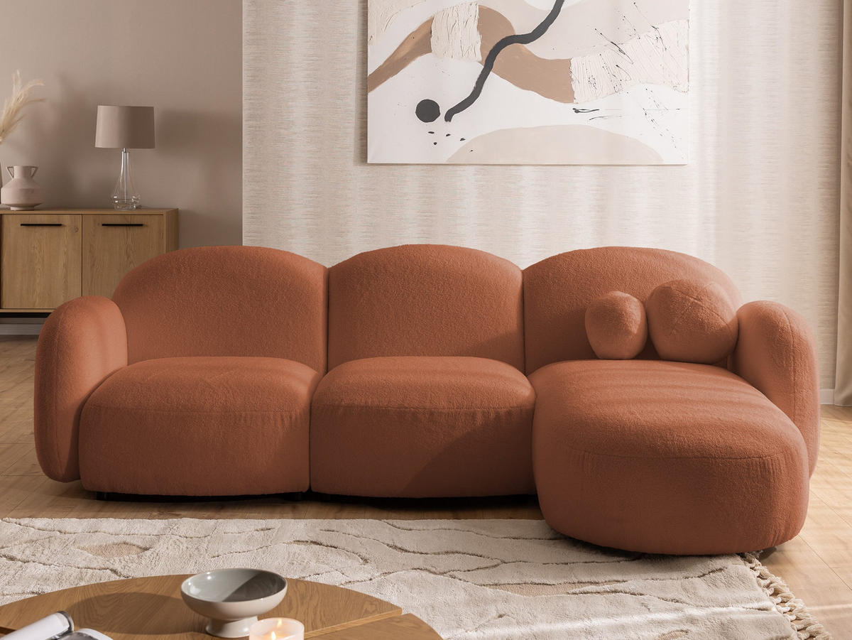 ECKSOFA Nuvola mit abgerundetem Design Terrakotta Bouclé-Stoff - Ottomane Rechts - Terra cotta/Schwarz, Holz/Kunststoff (268/146cm) - S-Style Möbel