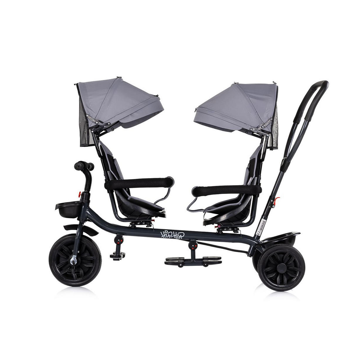 GESCHWISTERDREIRAD Hip Hop grau/schwarz Schiebegriff, Sitze 360° drehbar, Gurte - Schwarz/Grau, Metall (131/49/95cm) - Babyshoppen