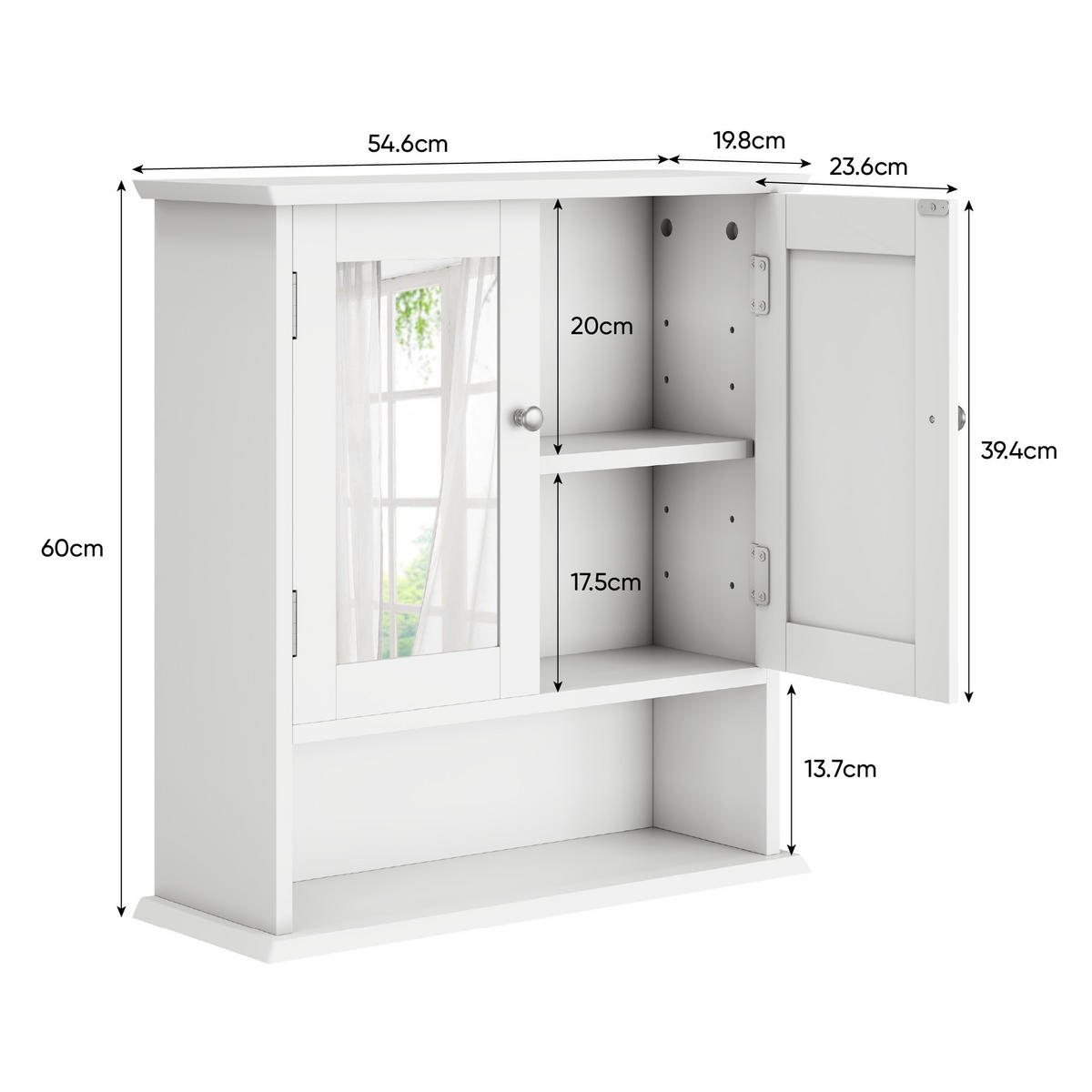 BADEZIMMERSCHRANK mit Spiegel, weißer Arzneischrank mit verstellbarem Regal, Toilettenschrank in Waschküche und Küche - Weiß, Holz (20/60/50cm) - Ej. Life