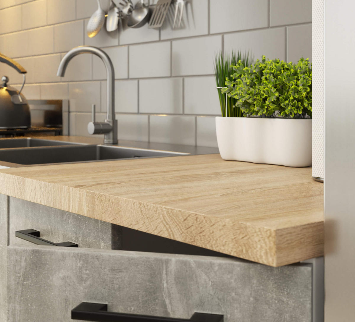 KÜCHENMÖBEL-SET Weiß, Steingrau 180x203x46 cm - Schwarz/Weiß, Holzwerkstoff/Kunststoff (180/203/46cm) - Akord