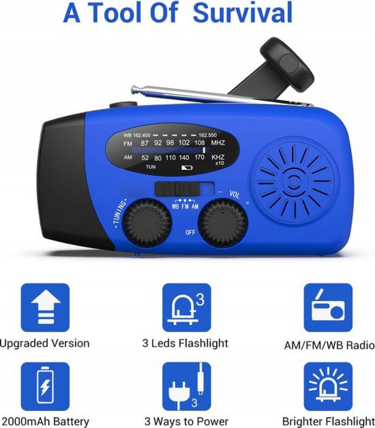 RADIO – NOAA AM/FM – Handkurbel-Generator / LED-Taschenlampe / 2000-mAh-Powerbank – Blau - Blau, Kunststoff (12.8/4/6.5cm)