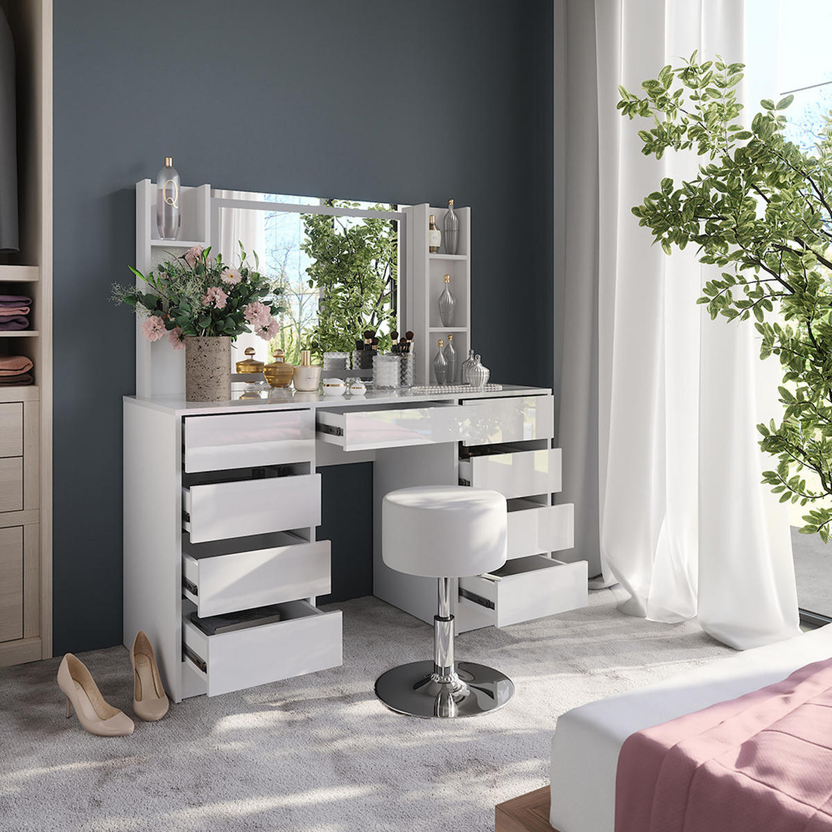 SCHMINKTISCH Sherry Weiß/Weiß Hochglanz 128.2 cm 5 Teile - Weiß Hochglanz, Holzwerkstoff (128.2/76/50.1cm) - Vicco