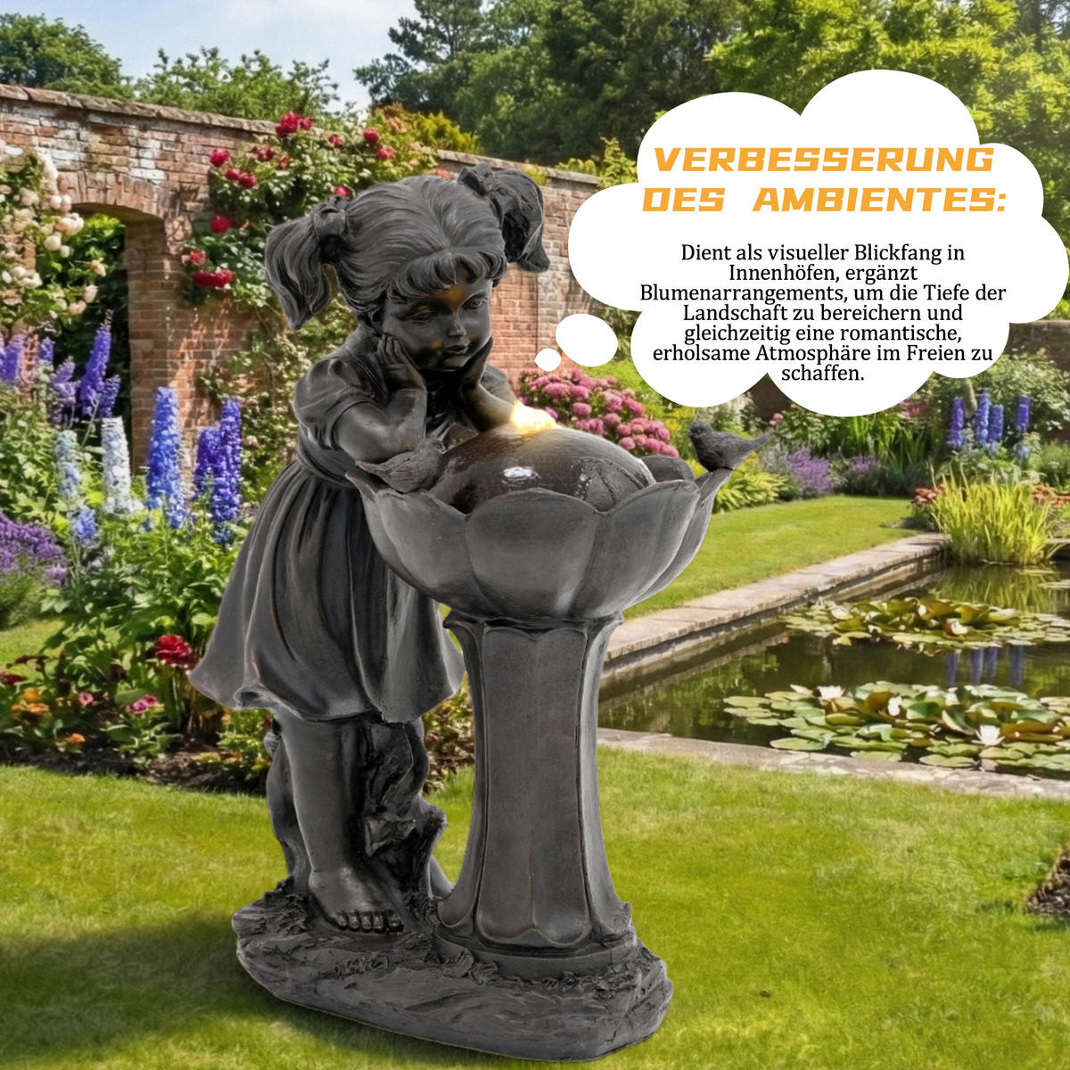 GARTENBRUNNEN LED Kupfer Mädchen Figur 65.5cm Außen Terrasse - Bronzefarben, Naturmaterialien (30/42/65.5cm) - FLIEKS
