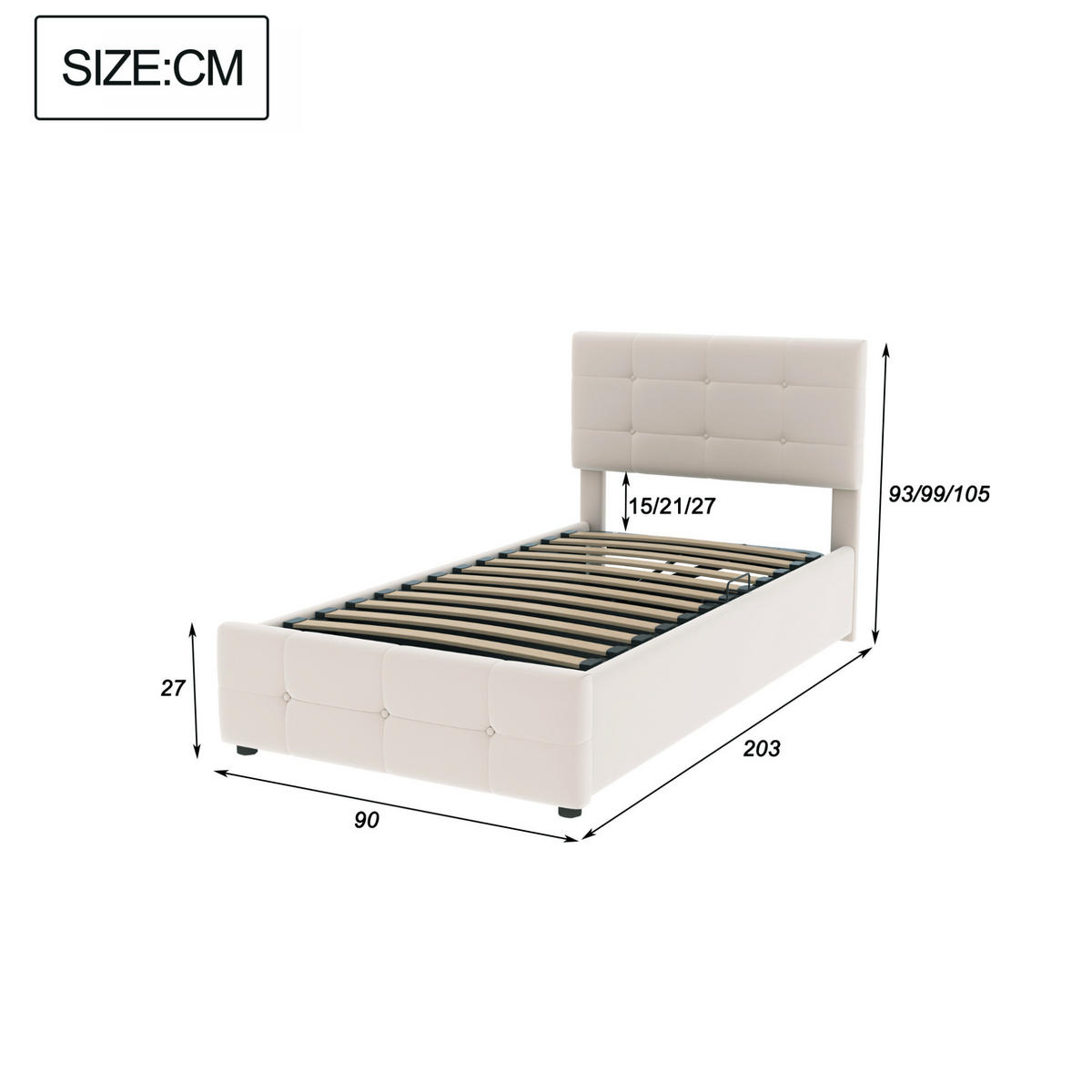 POLSTERBETT aus Samtstoff 90x200 cm in Beige mit hydraulischem Stauraum - Beige, Textil (90/200cm) - Modfu