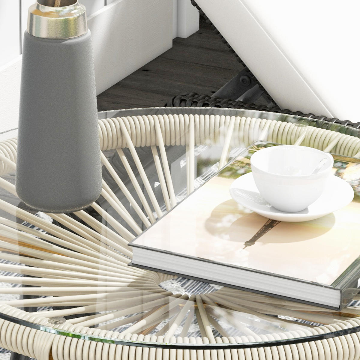 GARTENBEISTELLTISCH DE-13608 rund mit Glasplatte, PE-Rattanoptik Creme - Creme, Metall (50/50/50cm) - ComfortXL