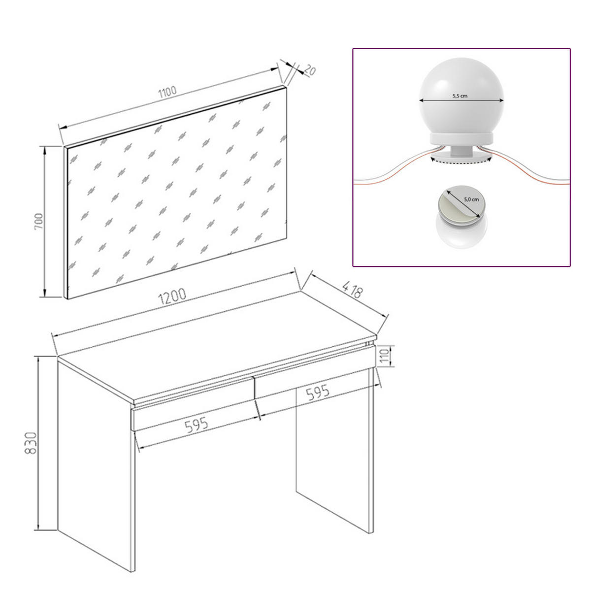 SCHMINKTISCH Emma Weiß 120 cm mit LED Beleuchtung - Weiß, Holzwerkstoff (120/83/41.8cm) - Vicco