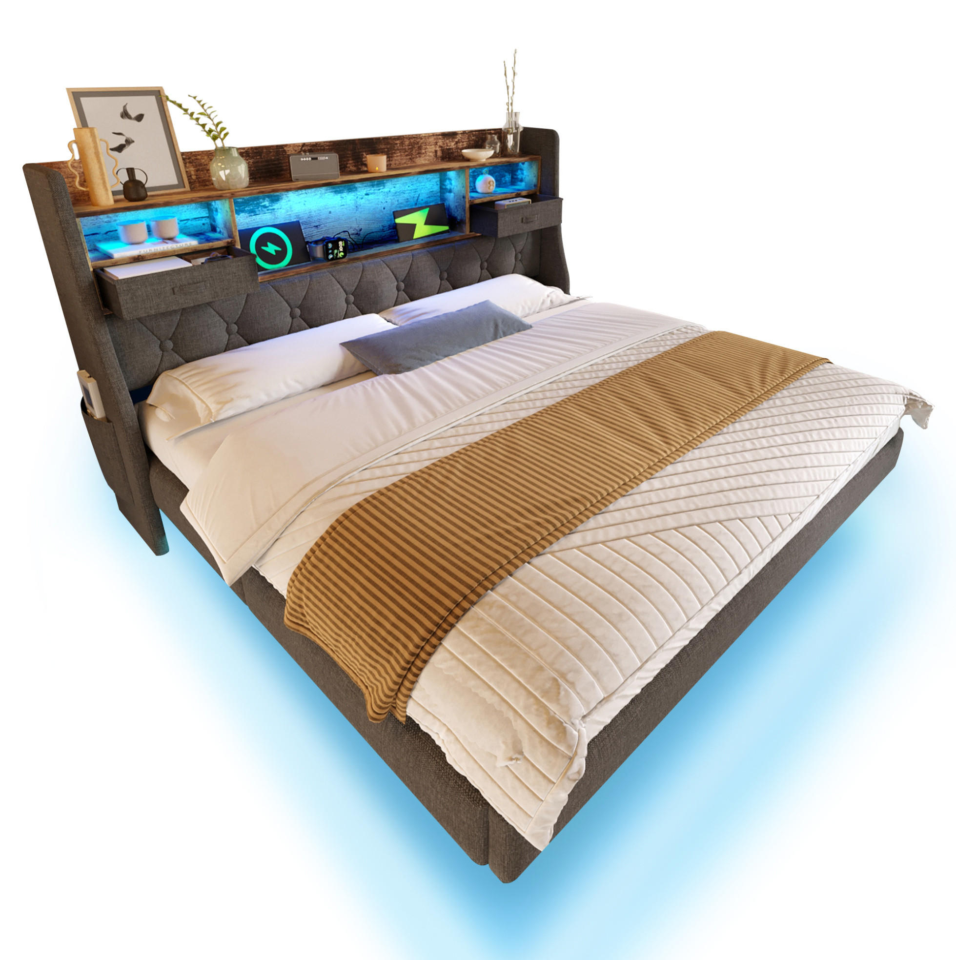 Redom ČALOUNĚNÁ postel 180/200 cm s LED osvětlením, USB a Type-C nabíjením, úložným čelem, Šedá
