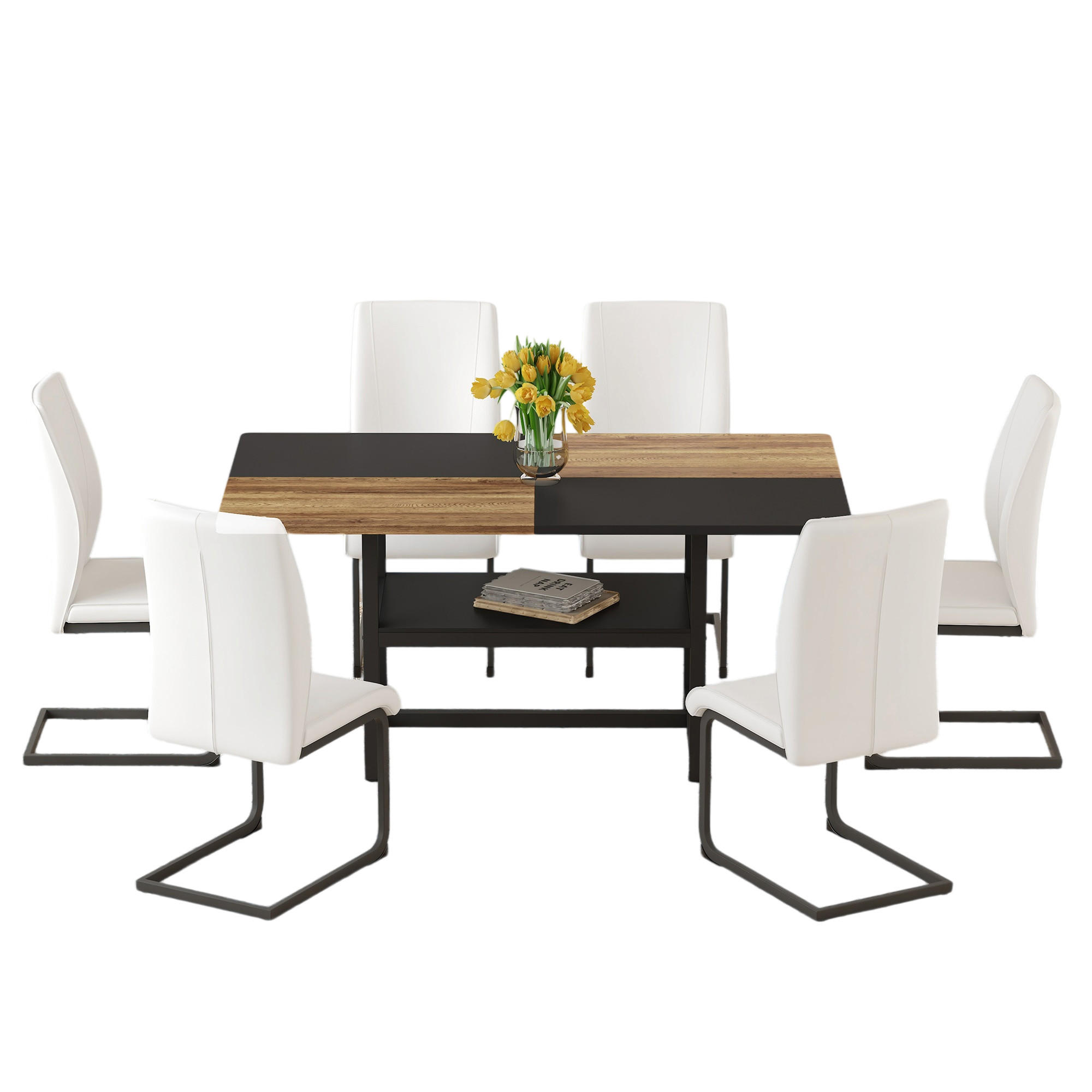 ESSGRUPPE DE-39342 7-teilig, mit Abstellregal und 6 PU-Sesseln Weiß - Weiß, Holzwerkstoff (160/76/90cm) - ComfortXL
