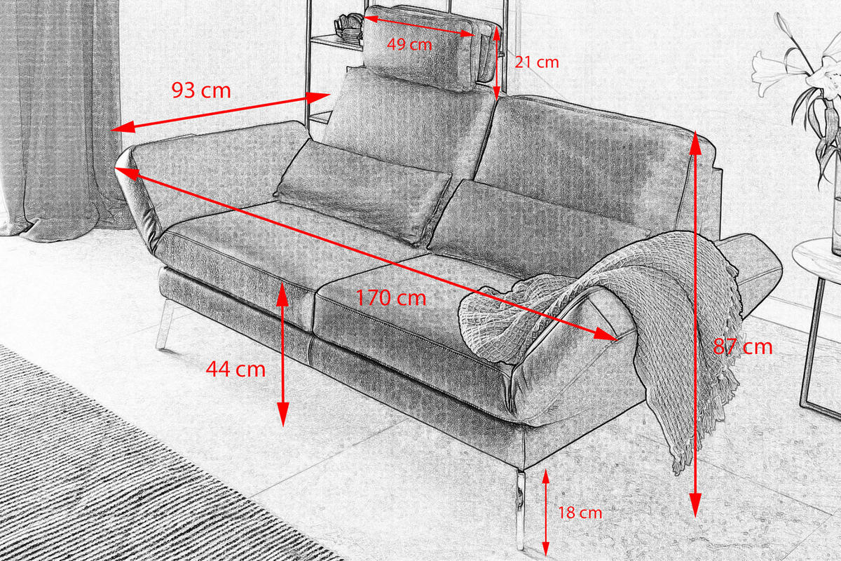 LEDERSOFA HURRICANE Grau Leder - Silberfarben/Grau, Leder (170/87/141cm) - KAWOLA