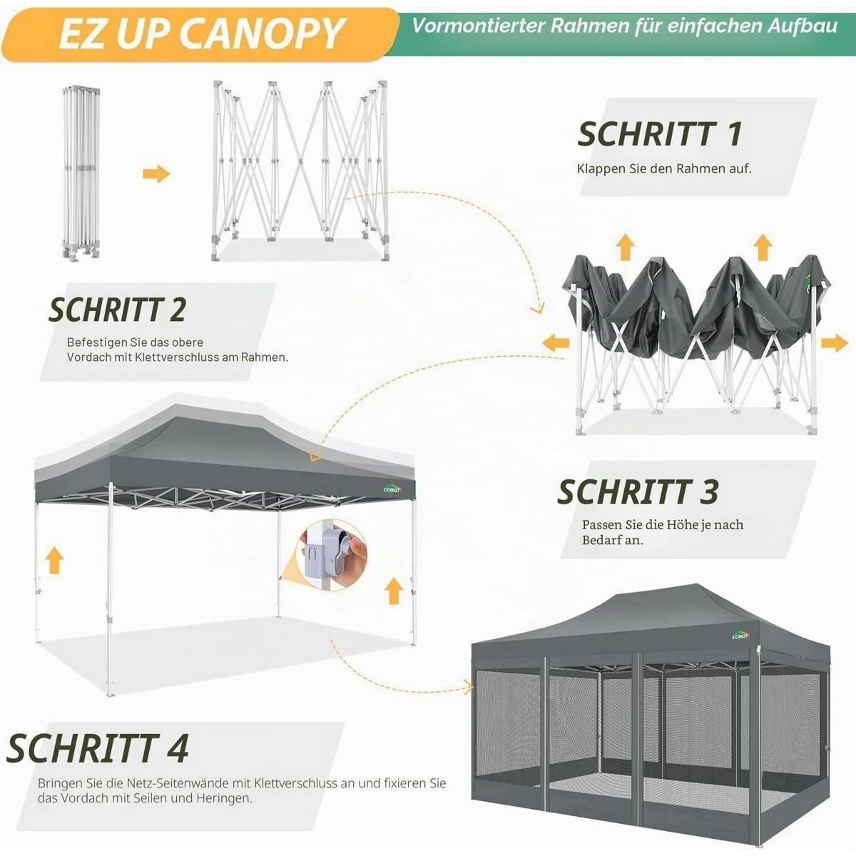 FALTPAVILLON 3 x 4.5 m Grau Wasserdicht mit 4 Netzseitenwänden - Grau, Textil (300/336/450cm)