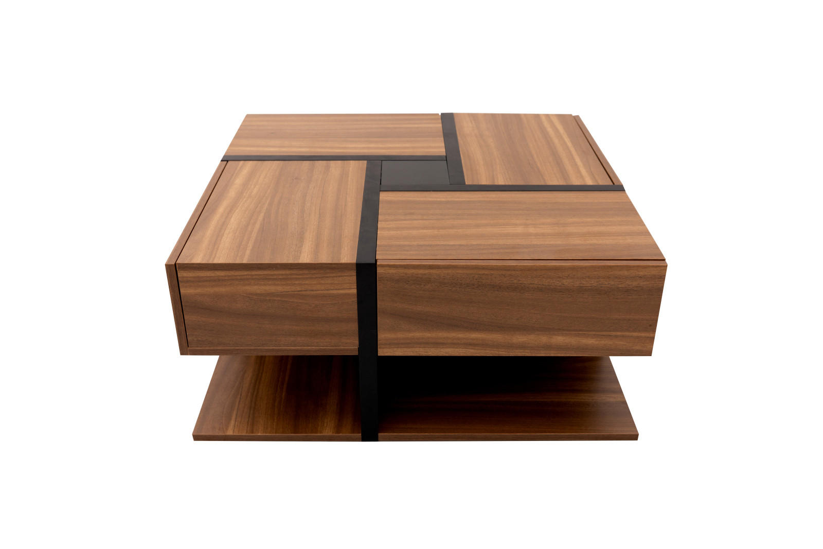 COUCHTISCH Schwarz Holzoptik mit 4 Schubladen und 2 Ablagen - Cognac, Metall (78/78/36cm)