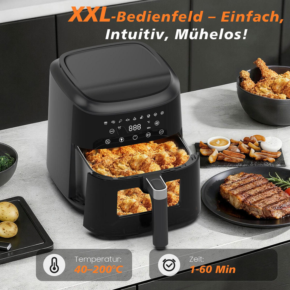 HEISSLUFTFRITTEUSE 6 Liter - Schwarz, Metall (29/25/27cm) - Aimax