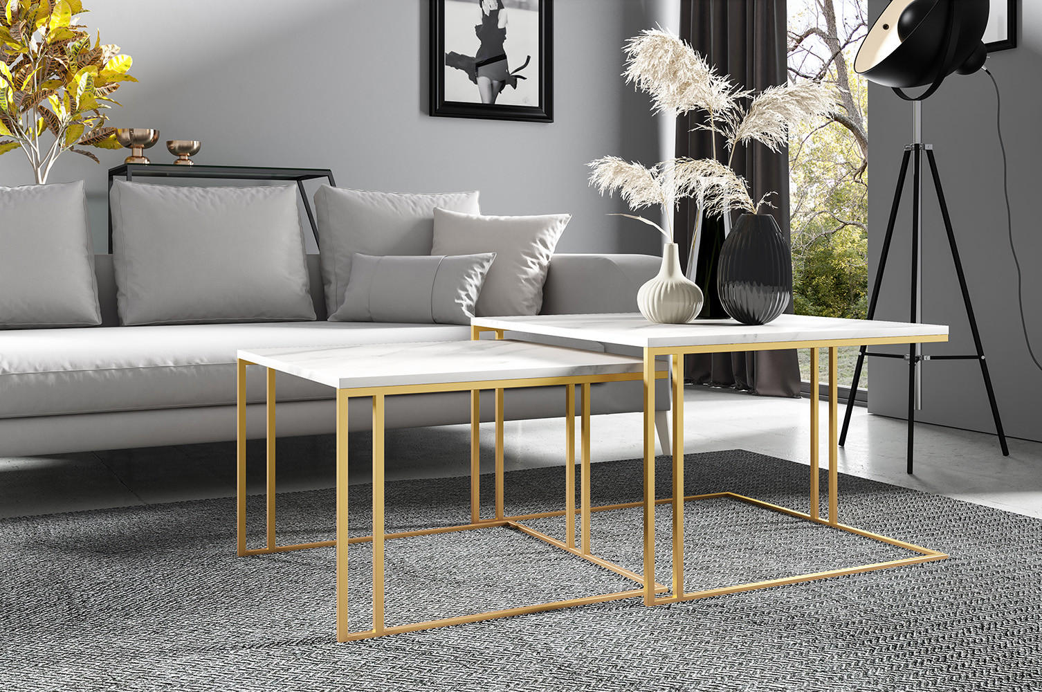 COUCHTISCH Astro Bianco Marmor / Gold (2er-Set) - Goldfarben/Weiß, Holz/Holzwerkstoff (76/142/50cm) - Feldmann-Wohnen