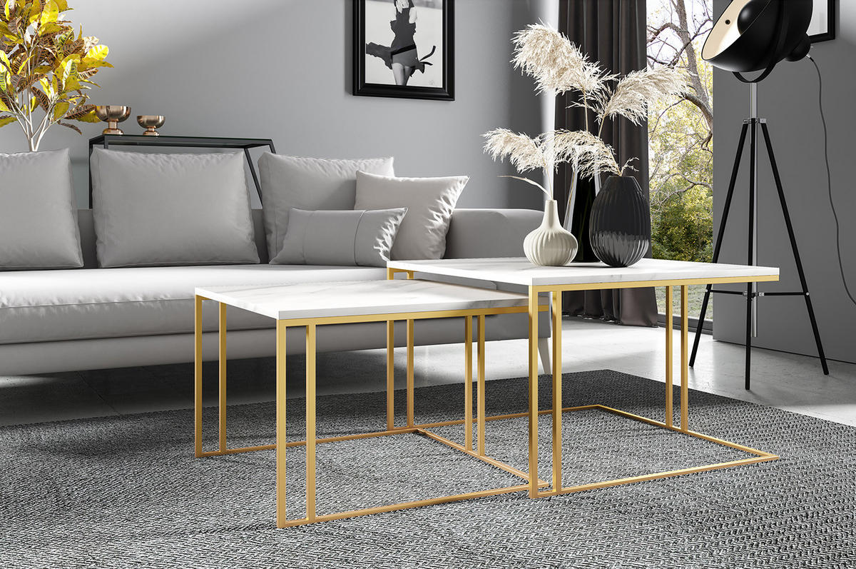 COUCHTISCH Astro Bianco Marmor / Gold (2er-Set) - Goldfarben/Weiß, Holz/Holzwerkstoff (76/142/50cm) - Feldmann-Wohnen