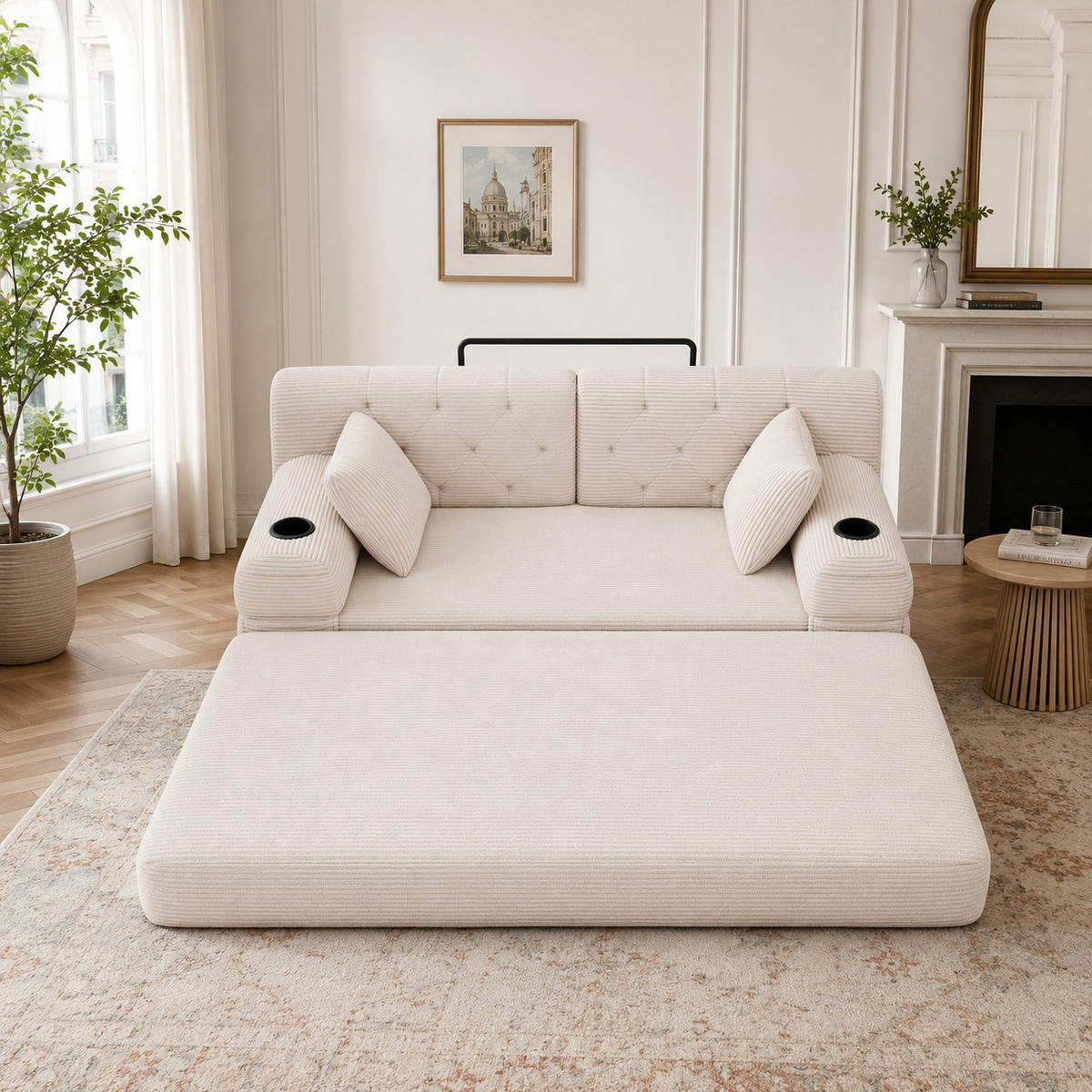 2-SITZER-SOFA – Cord, Metallrahmen, Becherhalter, kompakt, Beige - Beige, Textil (80/81/168cm) - KOMHTOM