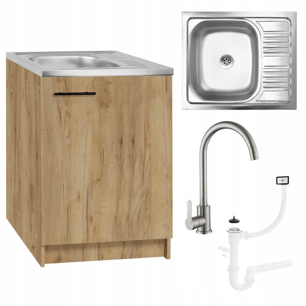 SPÜLUNTERSCHRANK 60cm mit Spüle + Armatur + Siphon Eichenfarbe - Eichefarben, Holzwerkstoff (60/82/50cm) - Stamar