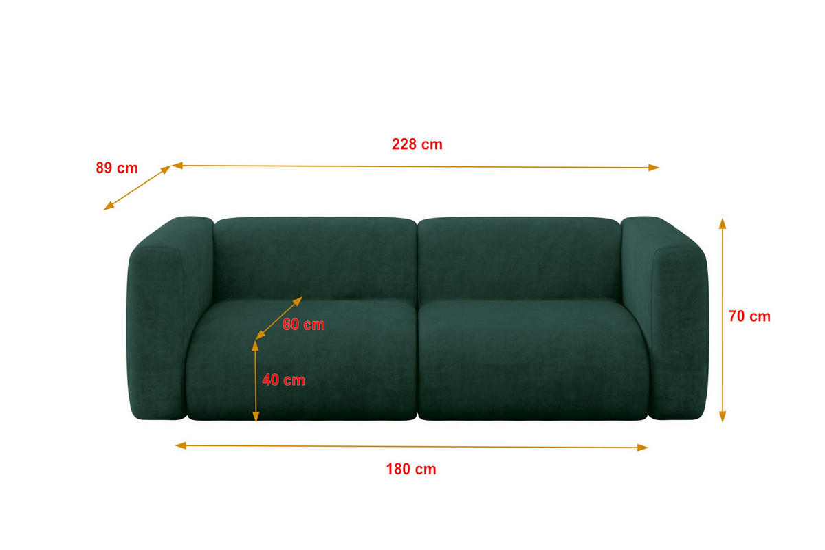 MODULARES Sofa 2-SITZER MIRA-S1 228x89x70 Grün cm Velours - Dunkelgrün/Schwarz, Holzwerkstoff/Kunststoff (228/70/89cm) - ALTDECOR