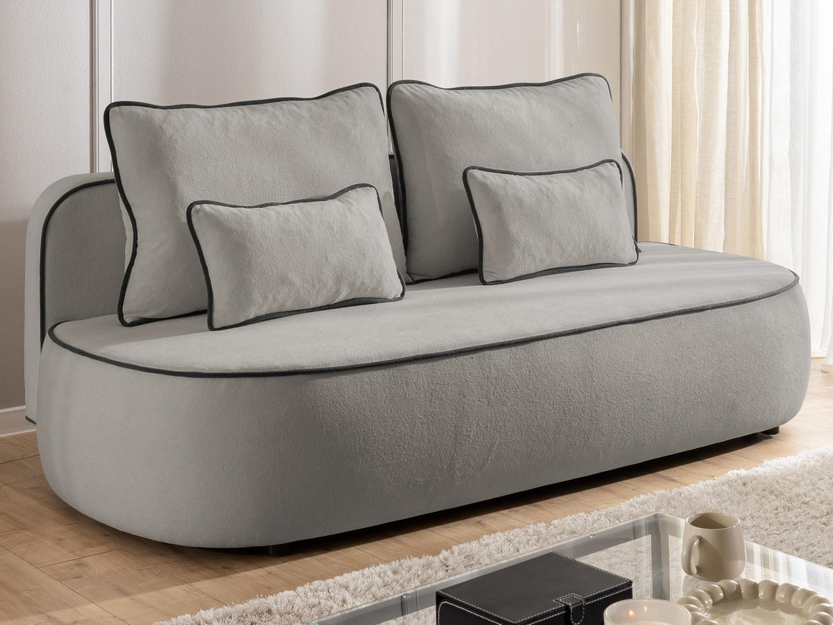 KINDERSOFA Vero im modernen und abgerundeten Design mit Schlaffunktion und Bettkasten aus Grau Plüschstoff mit schwarzer Paspel - Schwarz/Grau, Holz/Kunststoff (210/90/98cm) - S-Style Möbel