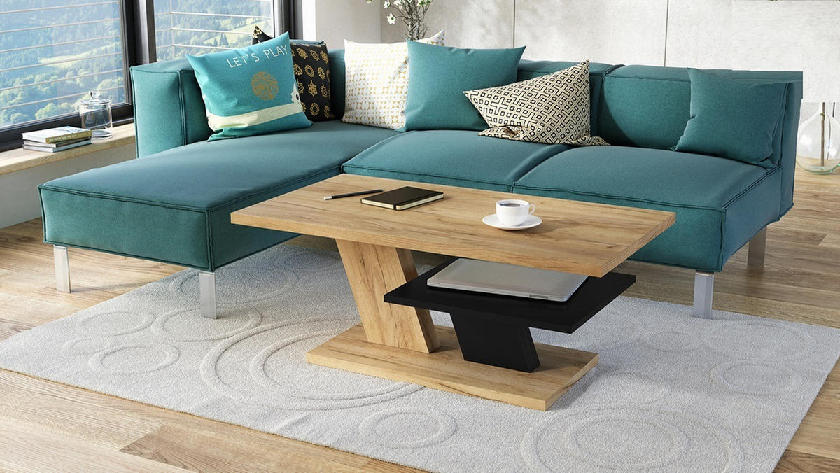 COUCHTISCH rechteckig Eiche Gold Schwarz mit Ablage - Eichefarben/Schwarz, Holzwerkstoff (60/110/45cm) - designimpex