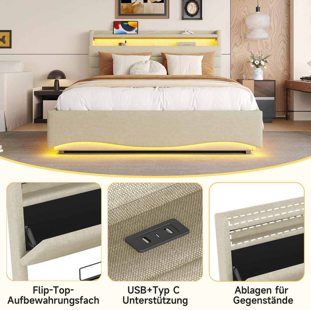 ČALÚNENÁ posteľ 140/200 cm s LED osvetlením, hydraulickým úložným priestorom a USB/Typ-C portami, Sivá - sivá, textil (140/200cm) - Redom