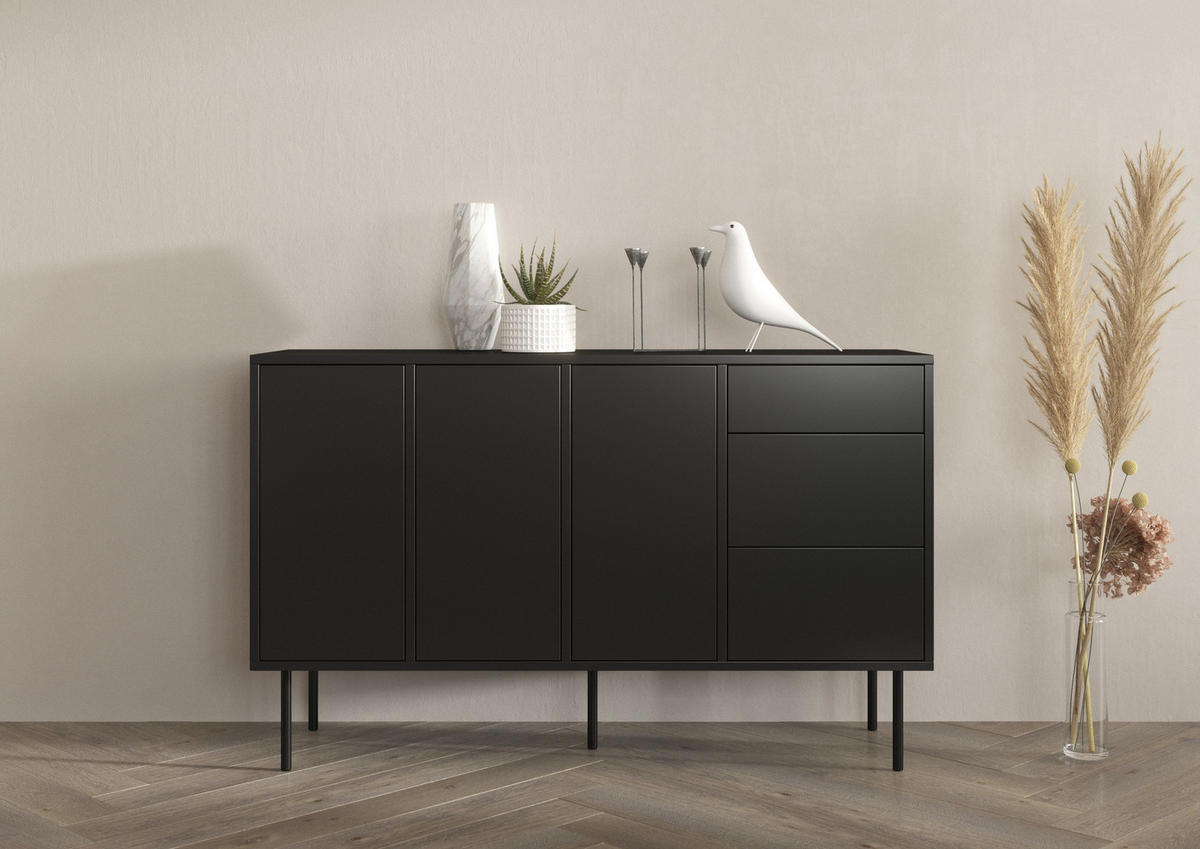 SIDEBOARD Mirka, Schwarz, Push to Open System, Minimalistisch - Schwarz, Holzwerkstoff/Metall (130/80/40cm) - Dancan
