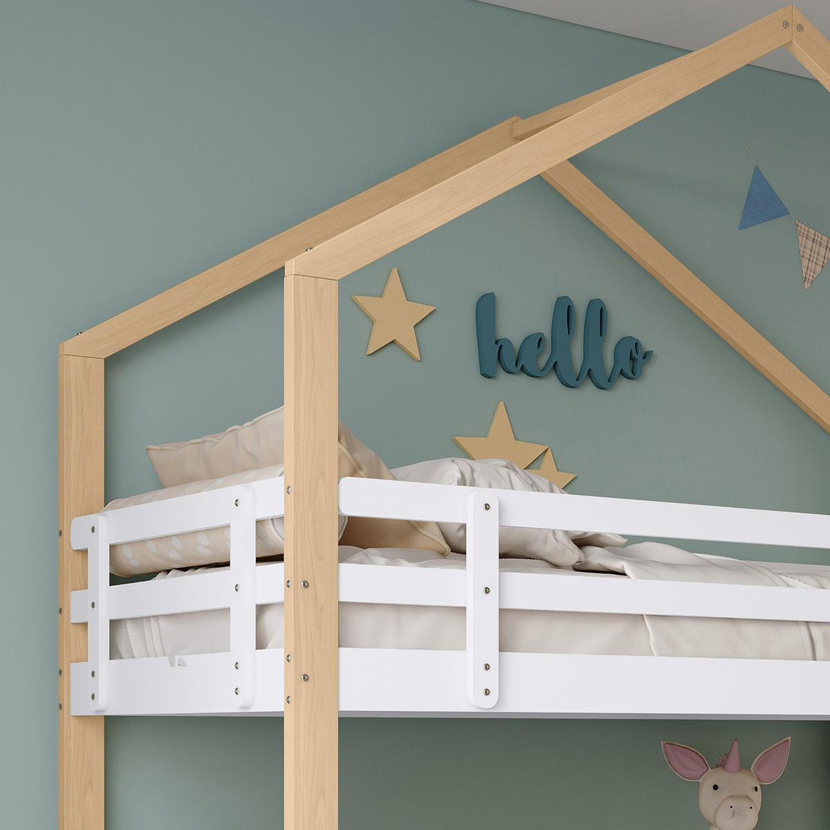 ETAGENBETT 90/200 & 90/190 cm mit Ausziehbett, Treppe mit 4 Schubladen und Absturzsicherung, Natur/Weiß - Weiß, Holz (90/200cm) - Redom