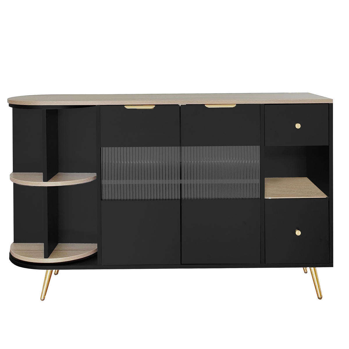 SIDEBOARD mit Kunst-Rattan-Türen und goldenen Details, 130/40/80cm - Schwarz, Holzwerkstoff (130/80/40cm) - Urban Meuble