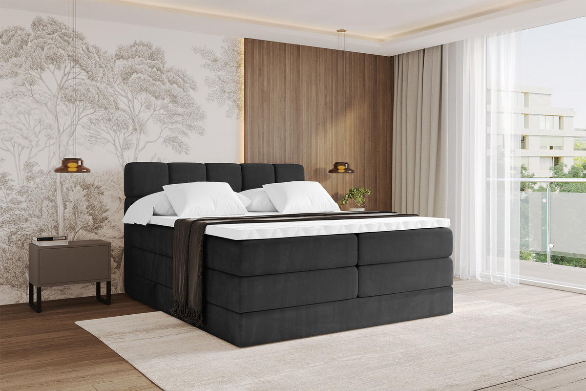 BOXBETT mit Matratze H3/H4 - FAMA KING - 180x200 cm Schwarz Casablanca - Schwarz, Holzwerkstoff (180/200cm) - ALTDECOR