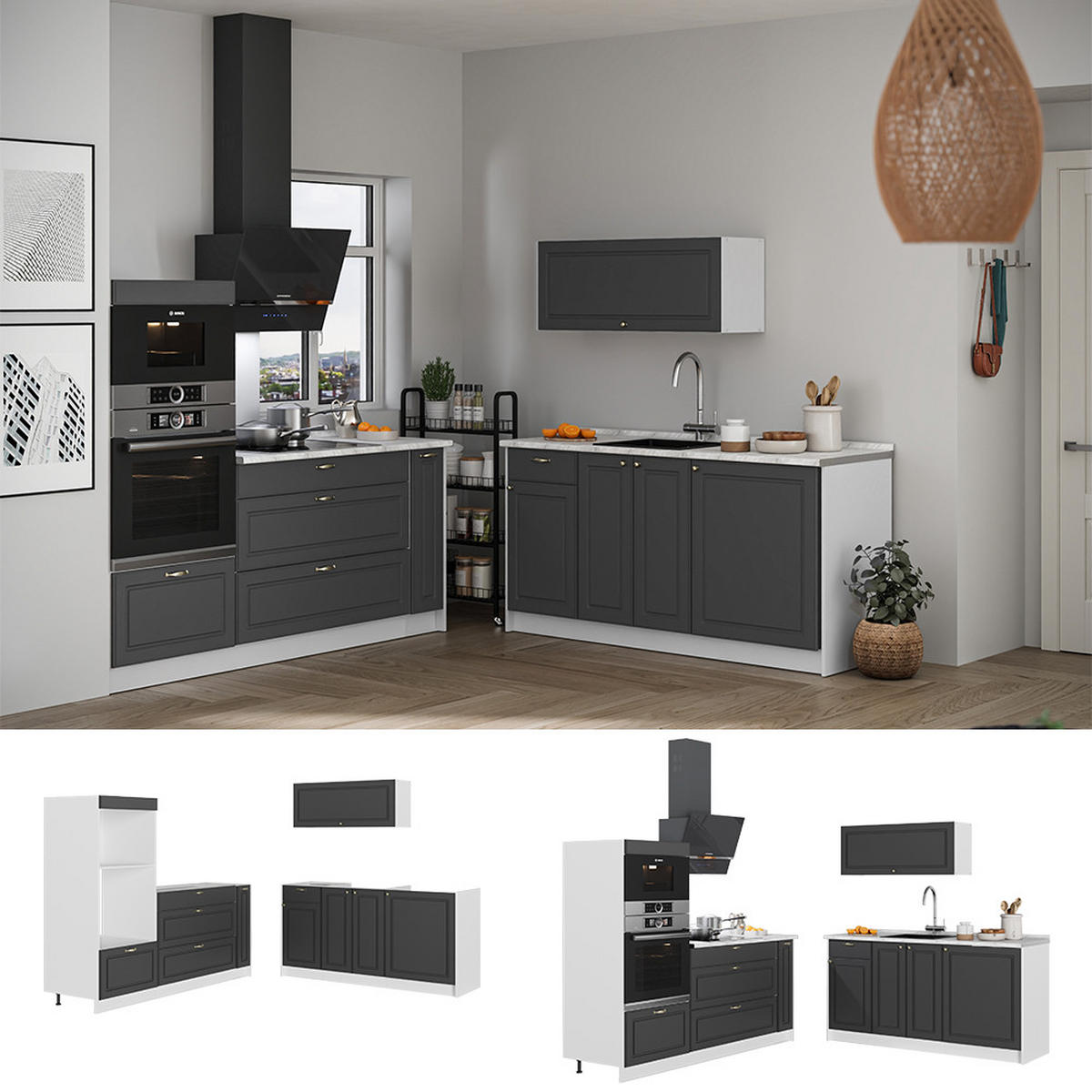 KUCHYNĚ Fame-Line, Anthrazit-Gold Landhaus/Bílá, 340 cm, PD Dub - bílá/antracitová, kompozitní dřevo (340/153.6/60cm) - Vicco