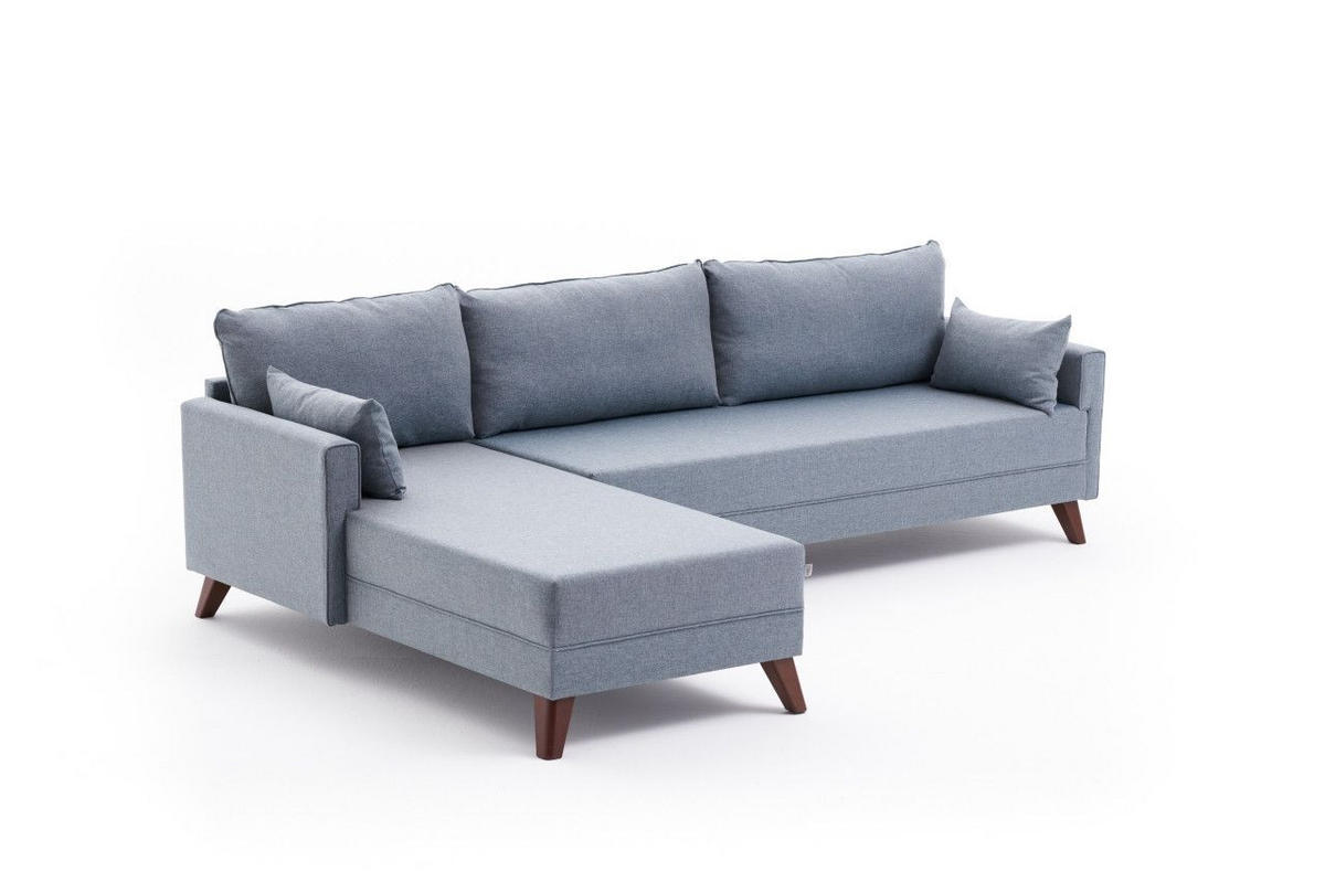 ECKSOFA mit losen Rückenkissen und Schlaffläche - Blau/Walnussfarben, Holz/Kunststoff (275/165cm) - myHomelando