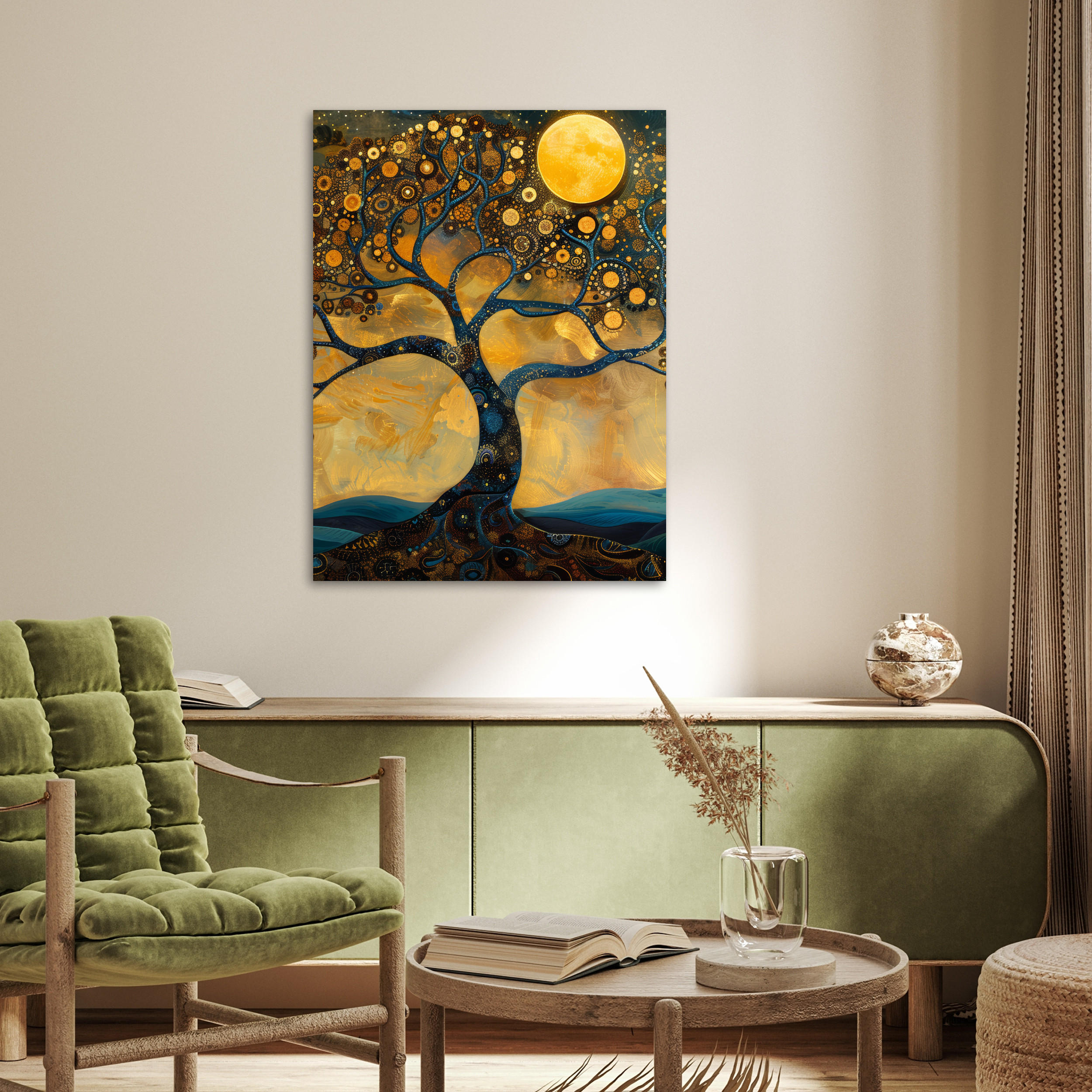 POSTER Baum - Mond - Blumen - Gold - Kunst 60x80 cm - Orange, Papier (60/80/0.1cm) - MuchoWow