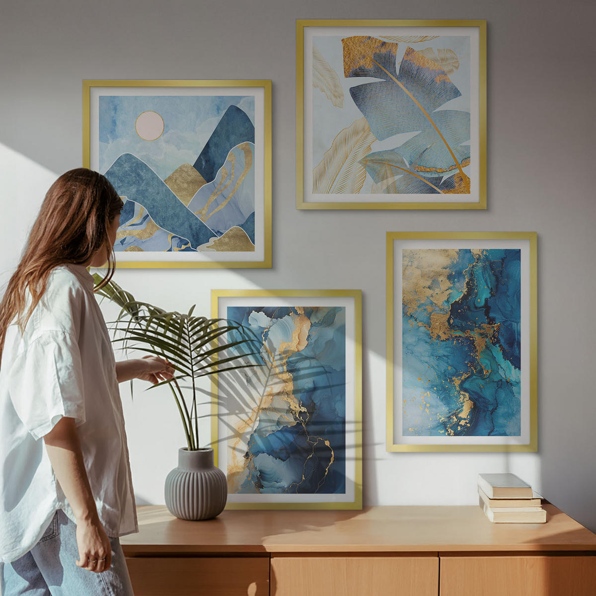 WANDBILDER 4er Set - 50x50 cm & 40x60 cm Goldrahmen - Goldmuster in den blauen Bergen - Goldfarben, Kunststoff (50/50cm) - ArtPrintCave
