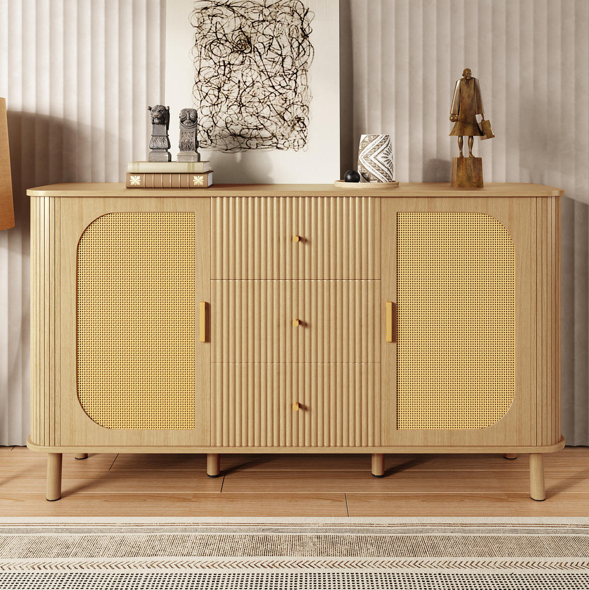 SIDEBOARD 140/40/80 cm in Natur mit Rattantüren und 3D-Wellenschubladen - Naturfarben, Holzwerkstoff (140/80/40cm) - Flora Grace
