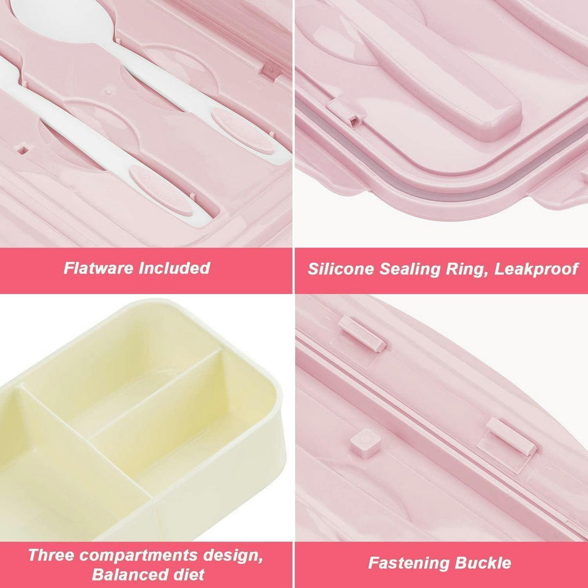 BENTO Box mit 3 Fächern und Besteck, Auslaufsicher, Mikrowellengeeignet, Pink - Rosa, Kunststoff (14/6.5/21cm)