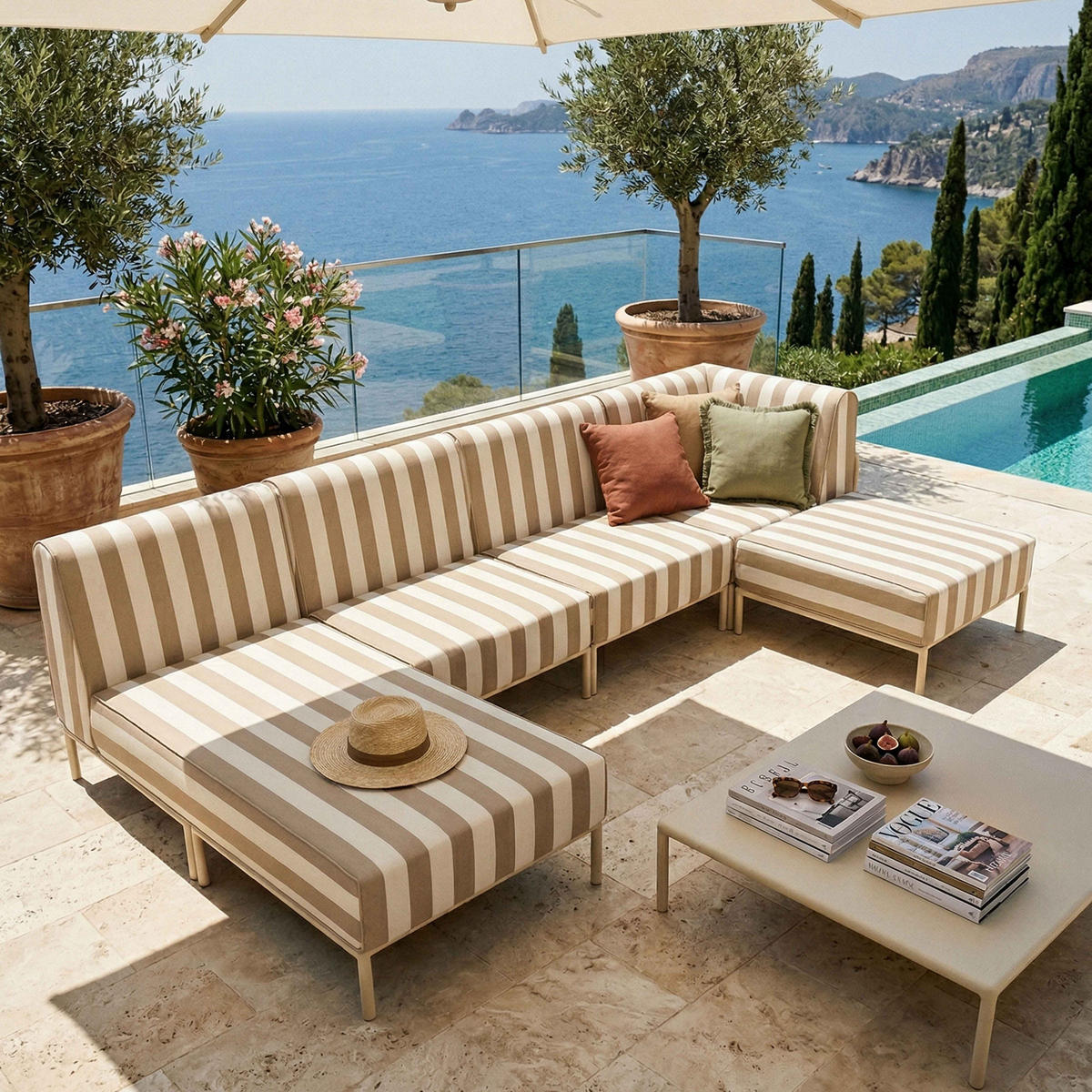 GARTENSOFA mit 5 Sitzplätzen, Beige - Beige, Textil - Oviala