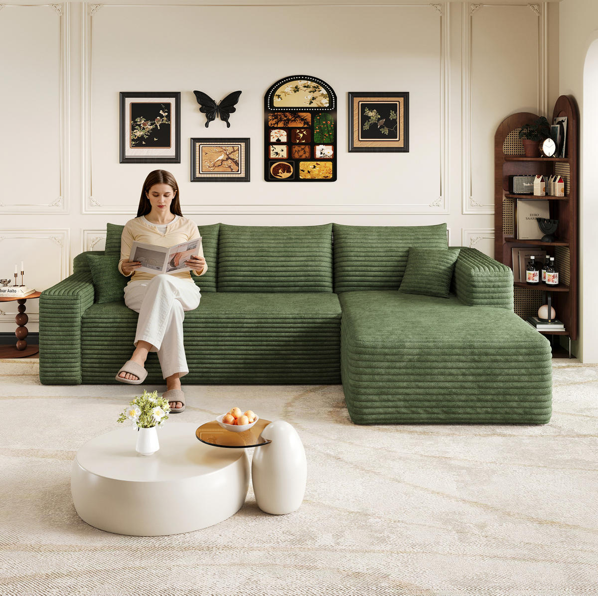 ECKSOFA 241 cm aus Stoff mit Cordbezug und Chaise Lounge Grün - Grün, Textil (151/241cm) - Modenvie