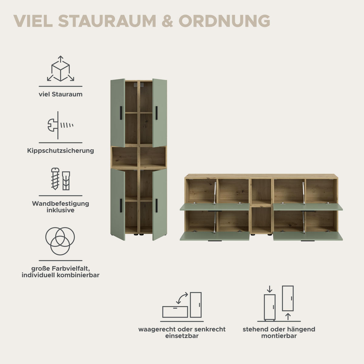 WOHNWAND The One Smoke Green 259/34/182 cm - Braun, Holzwerkstoff (259/182/34cm) - Xonox