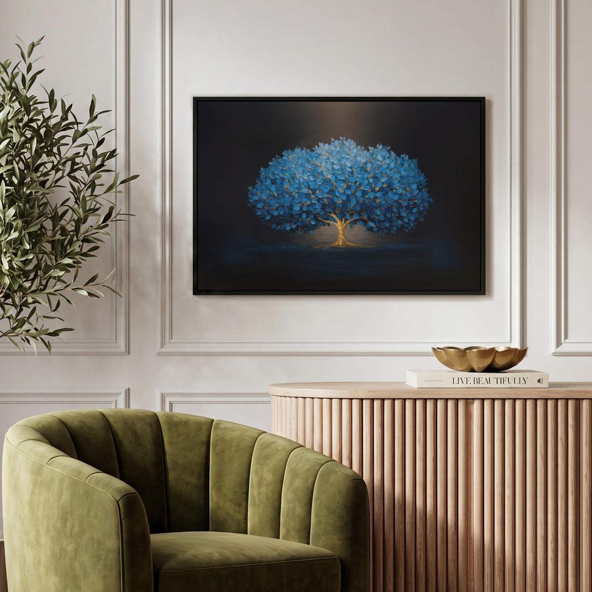 LEINWAND Bilder mit Rahmen - Baum - Blau - Blätter - Pinselstriche - 60x40 - Blau, Textil (60/40cm) - MuchoWow