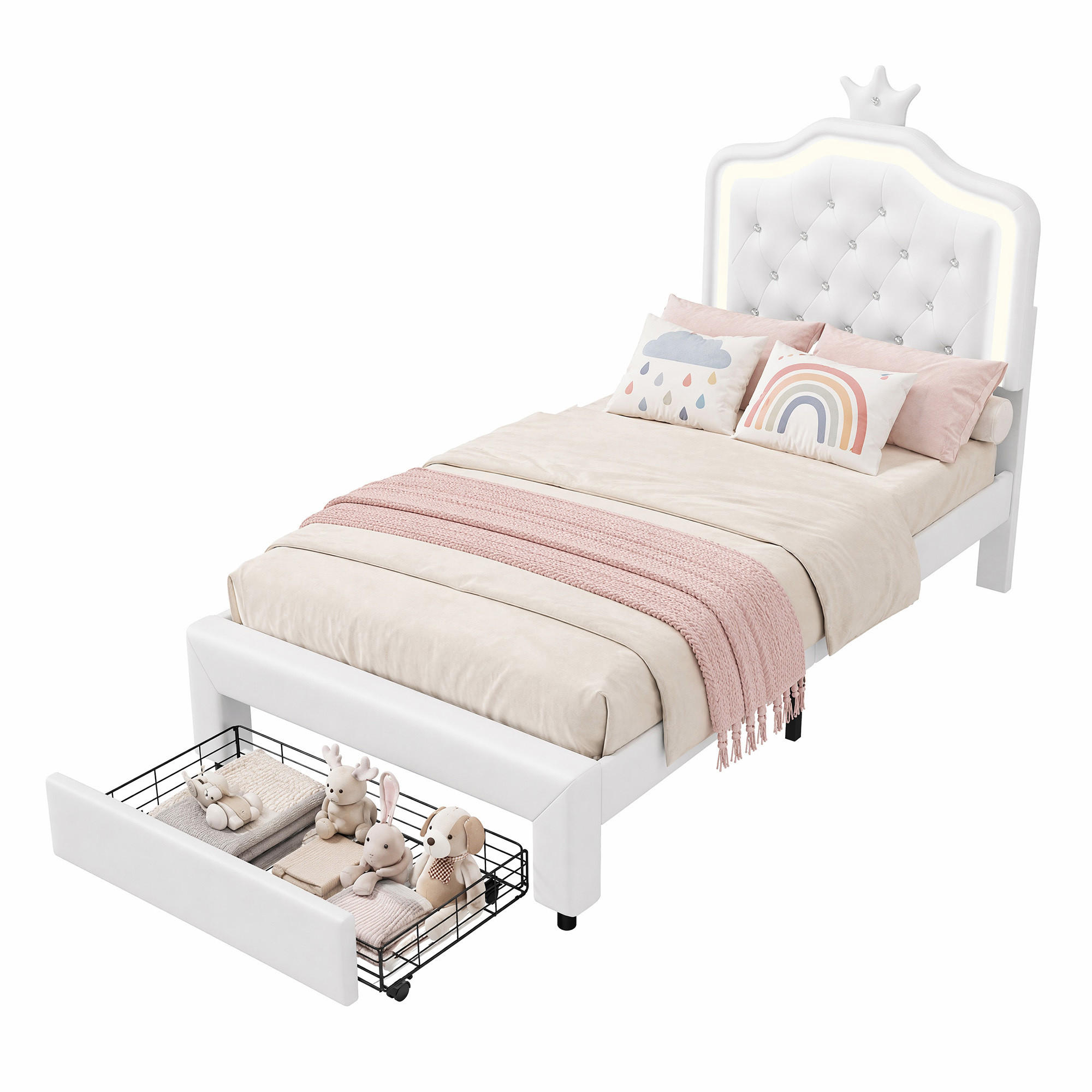 POLSTERBETT Princess Crown 90x200 cm mit höhenverstellbarem Kopfteil, PU, Lattenrost & LED-Beleuchtung, Weiß - Weiß, Leder/Holz (90/200cm) - BursDany